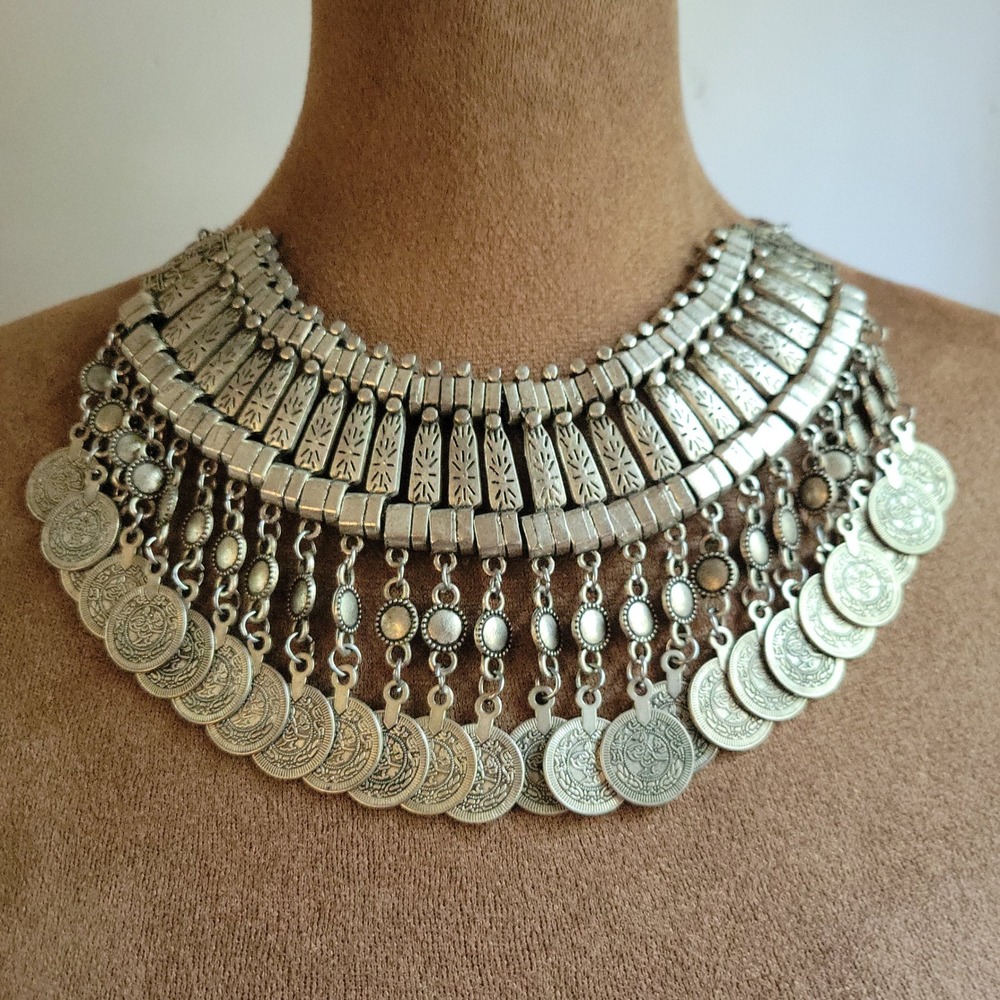 Vintage Turkish Ottoman Style  Silver Coin Fringe Statement  Necklace